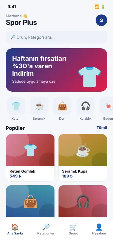 Alışveriş App mobil görünüm