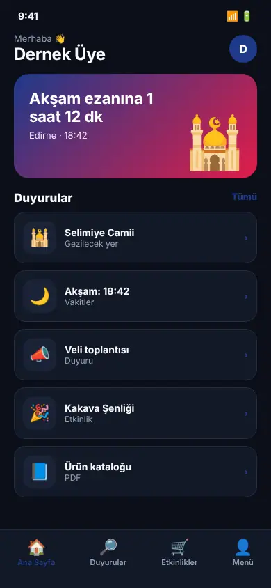 Etkinlik App mobil görünüm