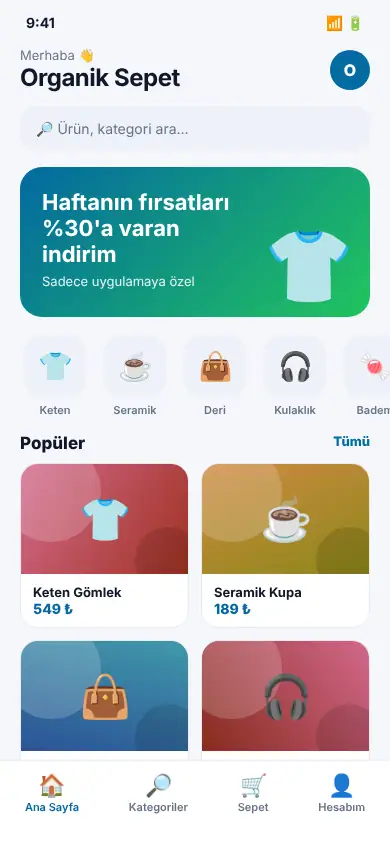 Sepetim App mobil görünüm