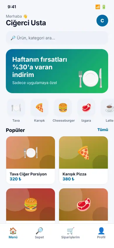 Siparişim App mobil görünüm